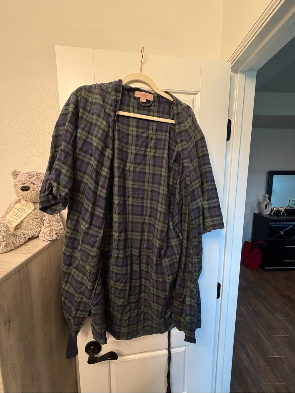Plaid Open Front Kimono Cardigan in Navy & Green